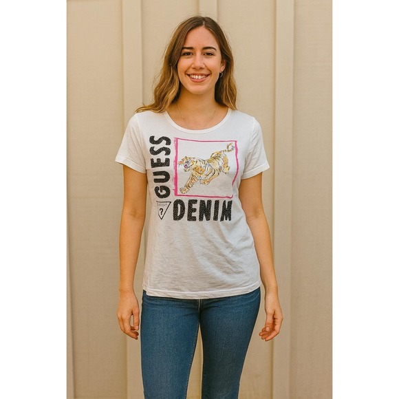 Guess Tops - GUESS Denim L Tiger White Large Logo Graphic T-Shirt Animal Print Sequins Casual